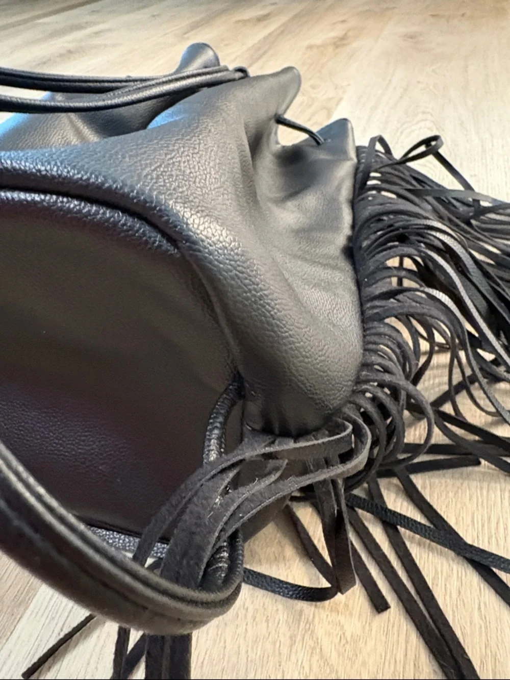 Victoria's Secret Black Fringe Drawstring Backpack lightweight logo boho - Picture 8 of 11